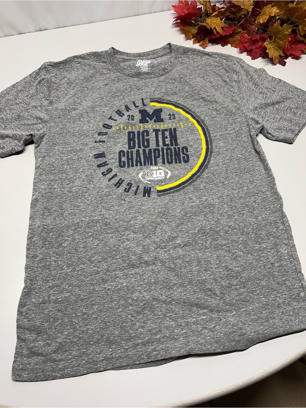Blue 84 Michigan Big Ten Champions Gray Tee with Navy and Yellow Graphic